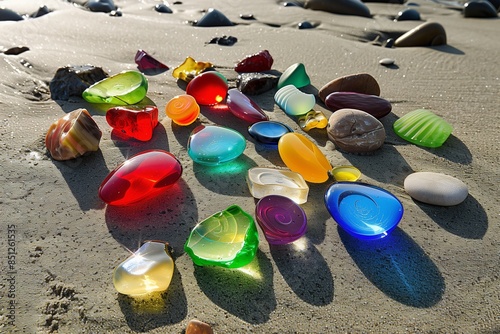 A variety of polished sea glass stones in red, orange, yellow, green, blue, indigo, and violet, scattered across the sandy beach. The sunlight reflects off the stones, creating a dazzli photo