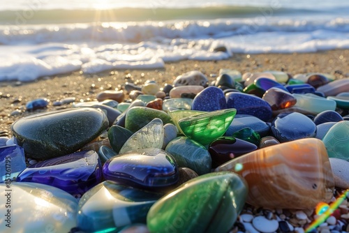 An array of colorful gemstones, including polished green and blue sea glass, scattered on the beach. The sunlight highlights their smooth textures and vivid colors, with gentle  photo