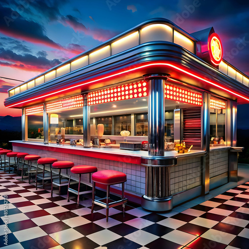 Neon diner and retro car late at night. Fog, rain and colour reflections on asphalt. 3d illustration