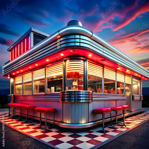 Neon diner and retro car late at night. Fog, rain and colour reflections on asphalt. 3d illustration