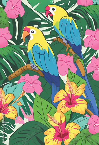 Wallpaper Mural Two Colorful Parrots Perched Among Tropical Flowers  Torontodigital.ca