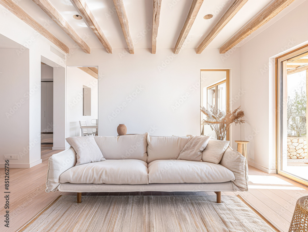 Fototapeta premium Minimalist interiors composition in warm tones with minimal furniture and window lighting. Luxury Real Estate interior design composition.