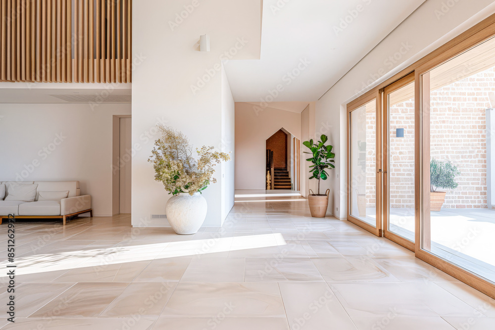 Fototapeta premium Minimalist interiors composition in warm tones with minimal furniture and window lighting. Luxury Real Estate interior design composition.