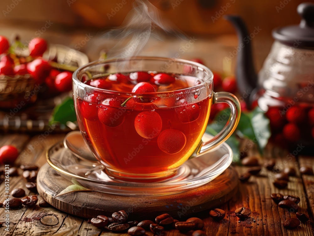 A closeup shot of a steaming cup of coffee cherry tea A closeup shot of a steaming cup of coffee cherry tea