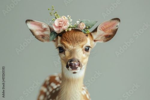 A baby deer with a flower crown on its head photo