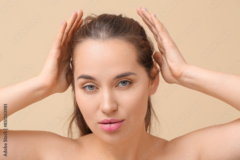 Young woman with natural makeup against color background, closeup Young woman with natural makeup against color background, closeup