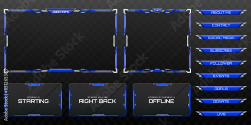 Live Stream Overlay Webcam Screen Frame and Stream Alert GUI Panels with Royal Blue and Silver Colored for Gaming and Video Streaming Platforms