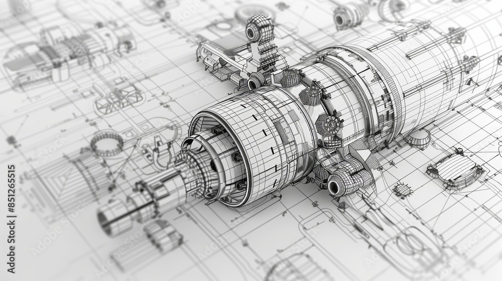 Mechanical Engineering Project Concept: Engine Draft Plan Drawing with ...