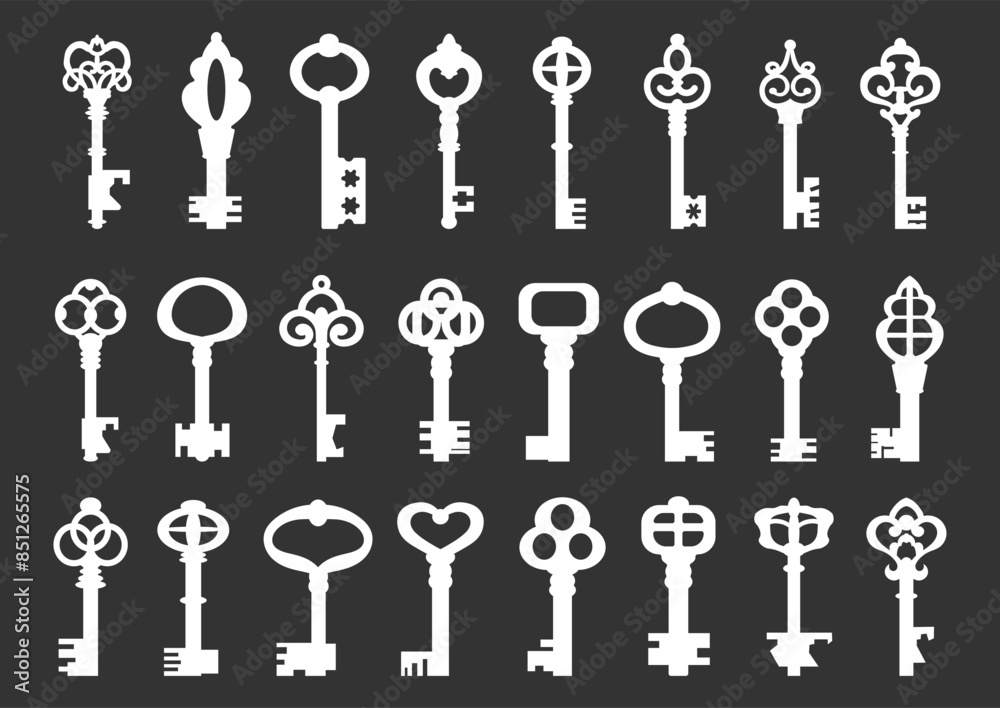 Set of vector silhouettes of keys on a black background. Set of vector silhouettes of keys on a black background.