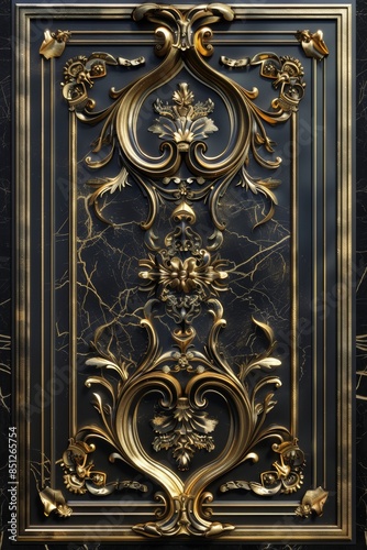 Luxurious Baroque Ornamental Frame with Intricate Gold Detailing on Elegant Marble Background, Perfect for Sophisticated and Classic Decor © MiniMaxi