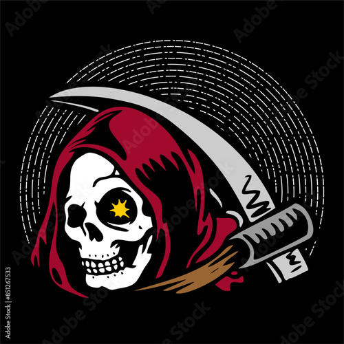 vector illustration tracing artwork of a grim reaper death calling invite to death with. Can be used as Logo, Brands, Mascots, tshirt, sticker,patch and Tattoo design.