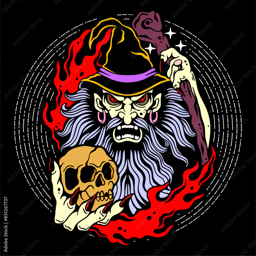 vector illustration old man wizard dizzy bring skull on right hand and flame on behind. Can be used as Logo, Brands, Mascots, tshirt, sticker,patch and Tattoo design. vector illustration old man wizard dizzy bring skull on right hand and flame on behind. Can be used as Logo, Brands, Mascots, tshirt, sticker,patch and Tattoo design.