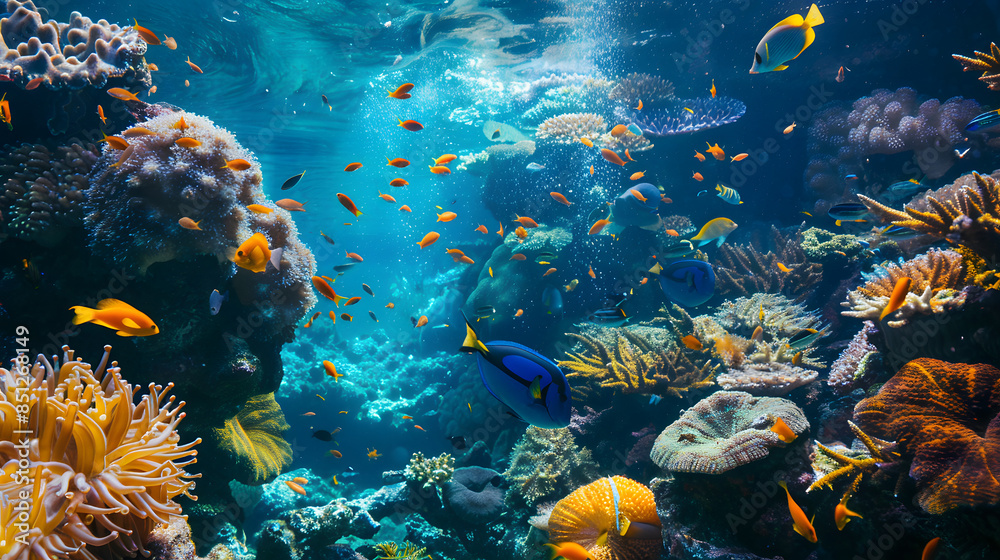 Fototapeta premium An enchanting underwater view of a coral reef filled with diverse marine life. Colorful fish swim among vibrant corals, creating a lively and mesmerizing scene that showcases the beauty of the ocean.