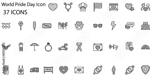 set of 37 outline web world pride day icons such as drum, cocktail, cap, balloons, heart wings, letter, garland, shield vector thin line icons for web design, mobile app.
