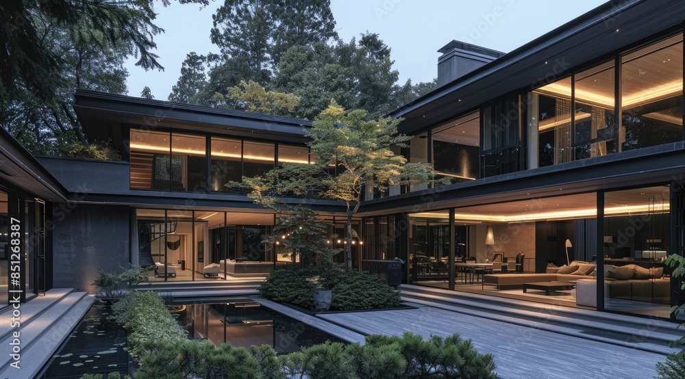 An upscale modern house exterior shot with illuminated interiors and landscape An upscale modern house exterior shot with illuminated interiors and landscape