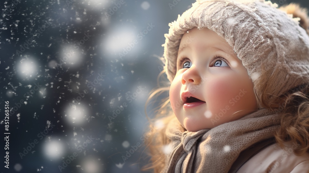baby's first snowfall, their face filled with awe as they watch the snowflakes gently fall. baby's first snowfall, their face filled with awe as they watch the snowflakes gently fall.