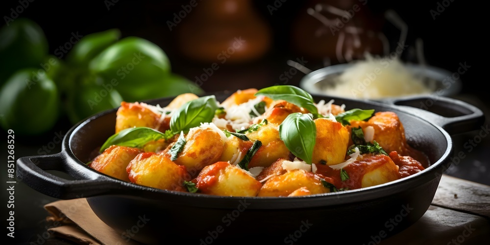 Baked Italian Gnocchi with Marinara, Mozzarella, and Basil. Concept Italian cuisine, Gnocchi recipe, Baked dish, Marinara sauce, Mozzarella cheese Baked Italian Gnocchi with Marinara, Mozzarella, and Basil. Concept Italian cuisine, Gnocchi recipe, Baked dish, Marinara sauce, Mozzarella cheese