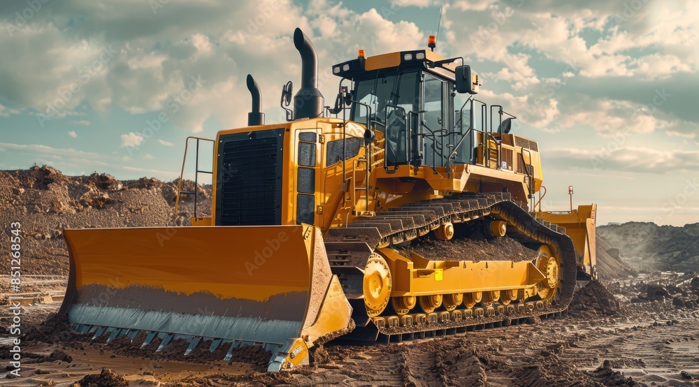 Detailed image of a bulldozer with soil on the blade, working on a construction site with. Detailed image of a bulldozer with soil on the blade, working on a construction site with.
