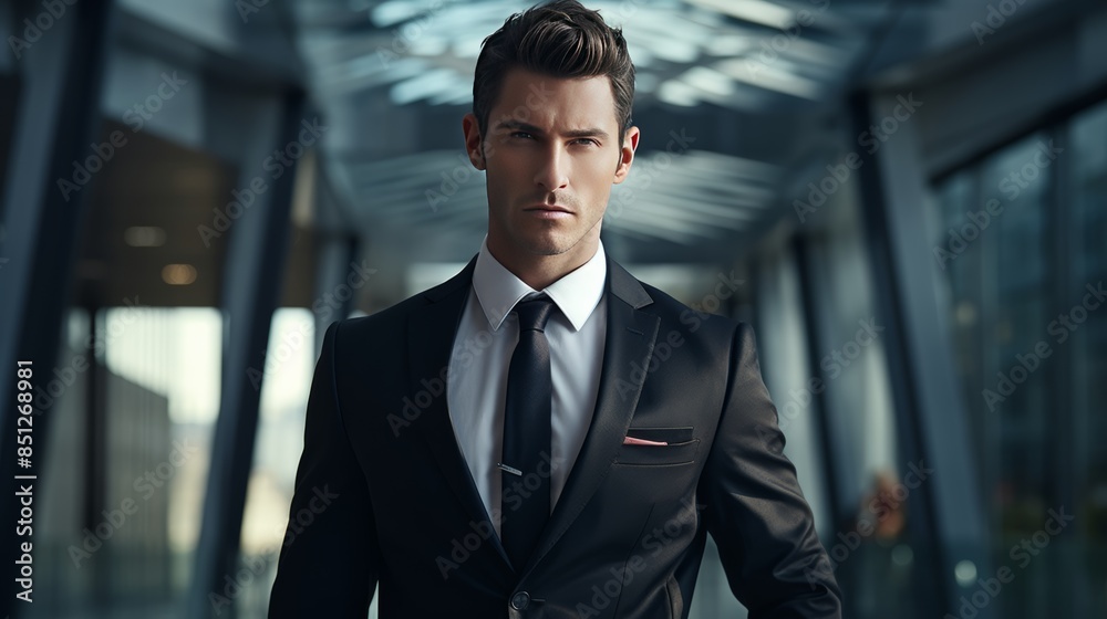 a businessman in a modern office, dressed in a sharp suit and tie, exuding an aura of power and success. a businessman in a modern office, dressed in a sharp suit and tie, exuding an aura of power and success.