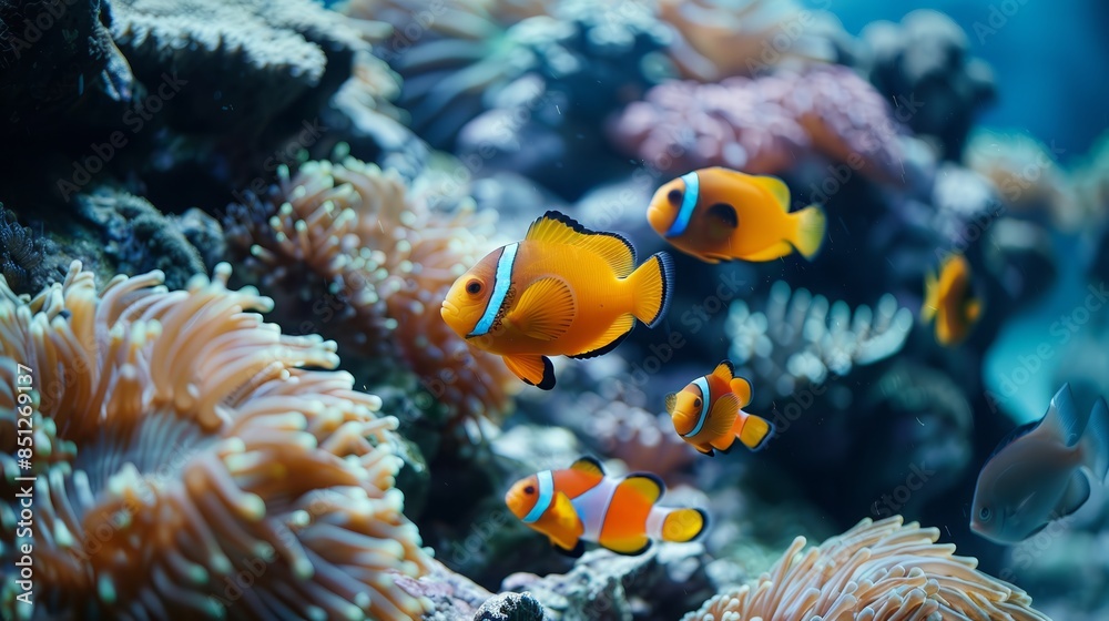 Underwater image of clownfish swimming near anemone Underwater image of clownfish swimming near anemone