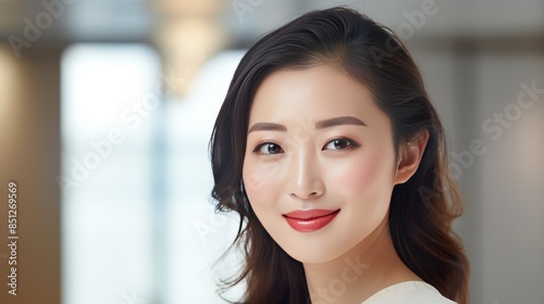 captivating Asian woman with a captivating smile, her eyes twinkling with mischief and allure, her elegant makeup highlighting her playful personality.