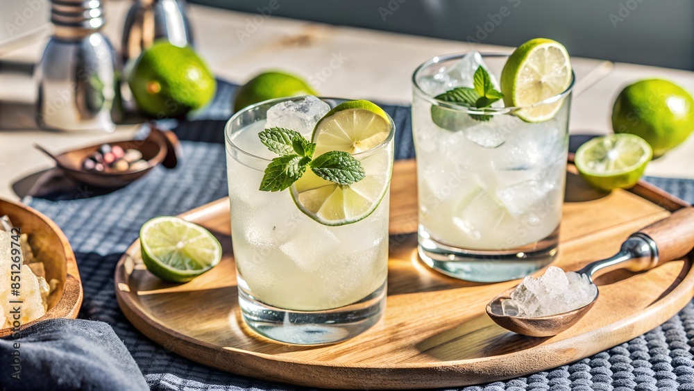 A refreshing gin rickey in a highball glass. Boozy Alcoholic Lime Gin Rickey Cocktail. A refreshing gin rickey in a highball glass. Boozy Alcoholic Lime Gin Rickey Cocktail.
