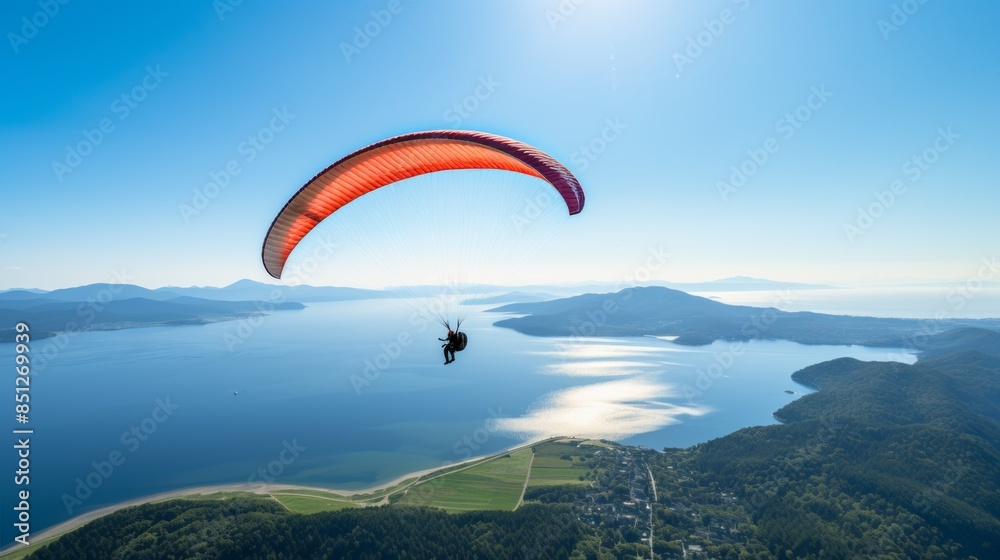 paraglider soaring through the air, the world spread out beneath her. paraglider soaring through the air, the world spread out beneath her.