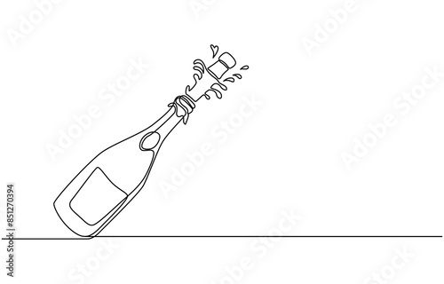 line art drawing of champagne bottle with shooting cork. champagne gold line art style. vector elements of new year, christmas and birthday celebrations. Continuous line drawing of champagne bottle ,