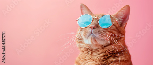 portrait of cat wearing cool sunglass with pink background © cindy