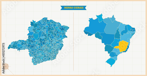 A Map highlighting Minas Gerais in the Brazil Map, Minas Gerais and Brazil modern map with Colorful Hi detailed Vector, geographical borders