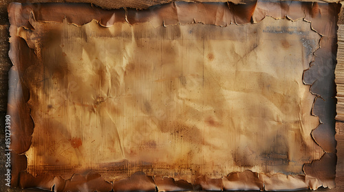 Close-up of burnt and discolored parchment paper, featuring a weathered texture with darkened edges, ideal for vintage or antique-themed designs. photo