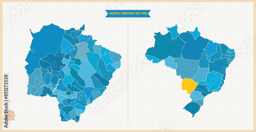 A Map highlighting Mato Grosso do Sul in the Brazil Map, Mato Grosso do Sul and Brazil modern map with Colorful Hi detailed Vector, geographical borders