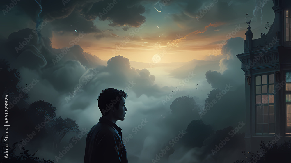 Fototapeta premium Depict the introspective state of mind by showing a person lost in thought, surrounded by a dreamlike, swirling mist