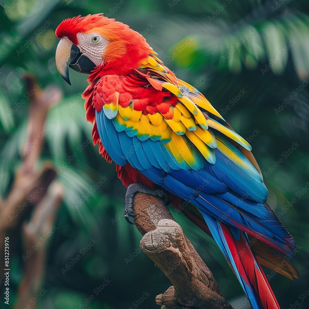 Fototapeta premium Vibrant parrot sitting on a tree branch, showing off its bright plumage.