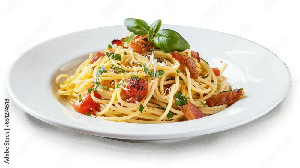 Spaghetti Carbonara on plate on white transparent background Spaghetti Carbonara on plate on white transparent background