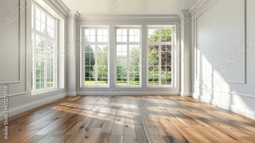 Spacious room with large windows and hardwood floors. Free space.