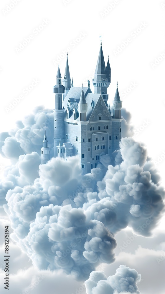 Majestic Castle Floating Among Ethereal Clouds on Pristine White Background Majestic Castle Floating Among Ethereal Clouds on Pristine White Background