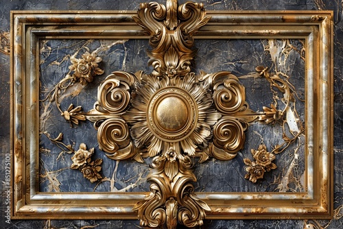 Luxurious Baroque Ornamental Frame with Intricate Gold Detailing on Elegant Marble Background, Perfect for Sophisticated and Classic Decor © MiniMaxi