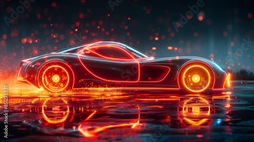 3D modern Car icon in bright neon graphic style black background