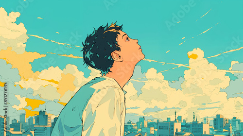 都会で空を見上げる男性