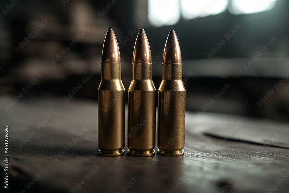 Three unfired rifle cartridges stand on a wooden table against a dark background Three unfired rifle cartridges stand on a wooden table against a dark background