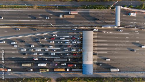 Fototapeta Naklejka Na Ścianę i Meble -  Aerial view gate for expressway fee payment in the city.