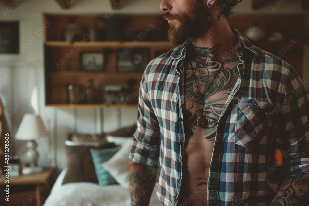 Fototapeta premium Bearded man in plaid shirt standing in a bedroom