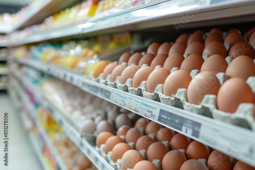 Variety brand of Eggs pack on shelves in a supermarket. supermarket shelves full of eggs.


 photo