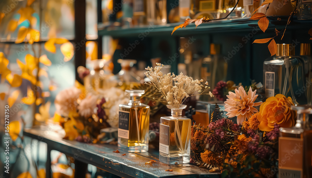 A display of perfumes and flowers on a table