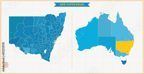A Map highlighting New South Wales in the Australia Map, New South Wales and Australia modern map with Colorful Hi detailed Vector, geographical borders