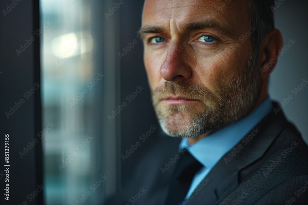A businessman of a modern office, his expression serious and contemplative A businessman of a modern office, his expression serious and contemplative