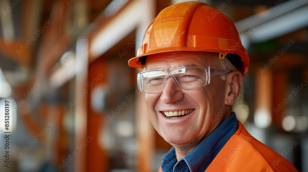 Smiling construction worker in an orange hardhat and safety glasses at a job site. Smiling construction worker in an orange hardhat and safety glasses at a job site.