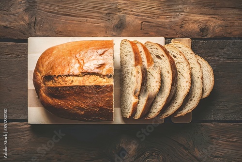 Homemade bread sliced on wood block and on wood background