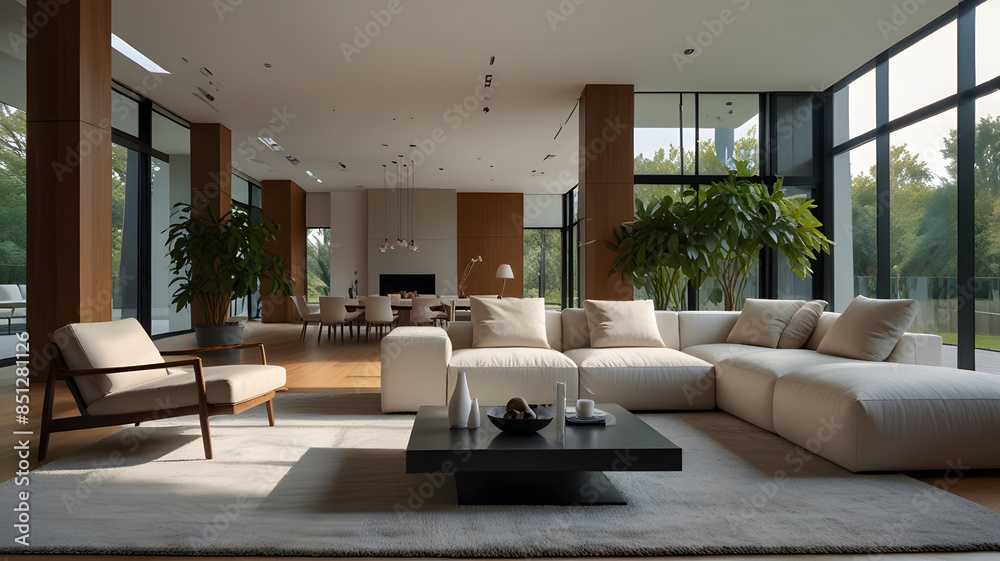 Fototapeta premium A spacious, minimalist living room with clean lines and neutral tones. The room features a large, white sectional sofa, a glass coffee table, a light gray rug, and a few well-placed houseplants.